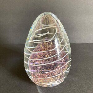Hand Blown Glass Egg Shaped Paperweight Dichroic Purple And Gold White Swirls